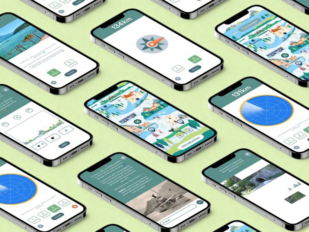 Un groupe de smartphones aux designs variés, affichant l'écran du jeu de piste Mobil'Express à Annecy.