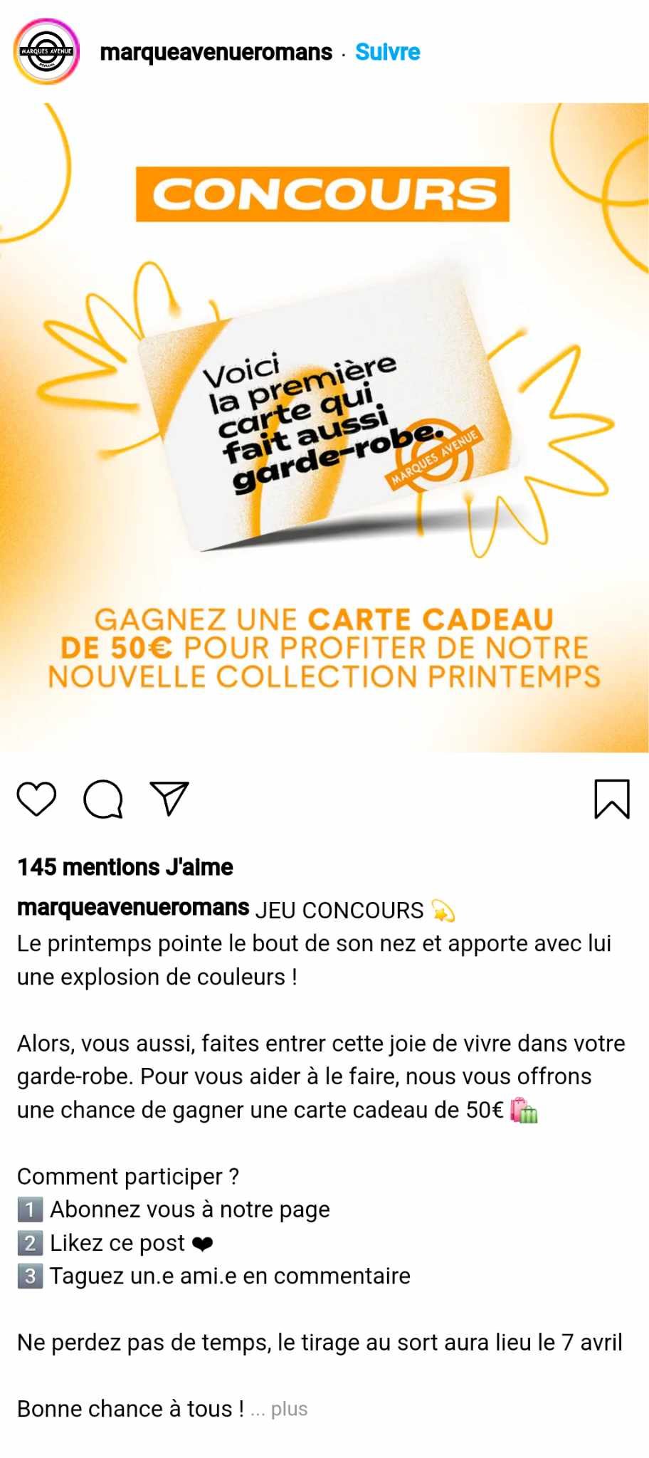 Post instagram pour un jeu concours permettant de gagner une carte cadeau &agrave; d&eacute;penser &agrave; Marque Avenue